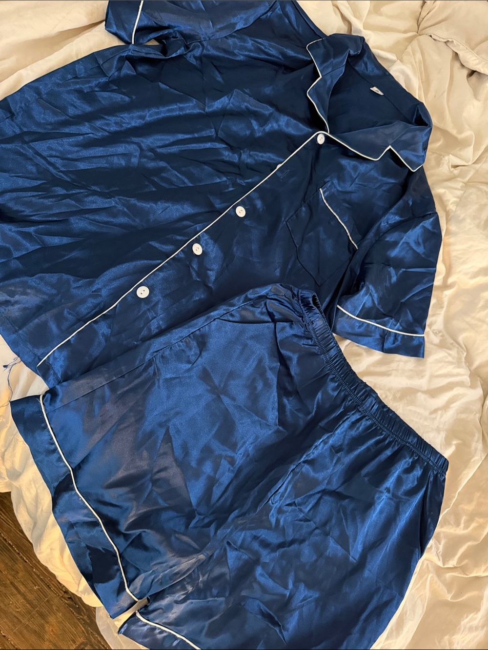 Amazon Navy Blue Satin Short Sleeve Pajama Set with White Piping